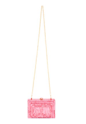 Rektangulær pink marmorér akryl clutch-taske med en guldkæde-rem, der har lagdelte geometriske designs og en lukning med topklap.