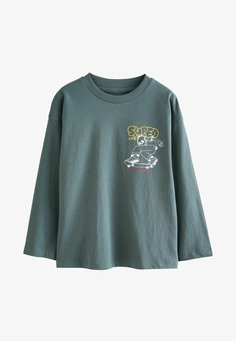 Langarm-T-Shirt aus verblasstem Teal-Baumwollstoff, mit einem Skateboard-Graphic in Gelb und Weiß. Rundhalsausschnitt und lockerer Schnitt.