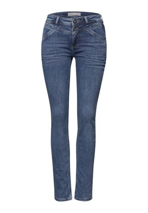 Blauwe skinny jeans met dubbele knoopsluiting, steekzakken aan de voorkant en subtiele vervaging op dijen en knieën.