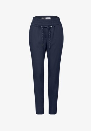 Marineblå bukser med snor i taljen, elastisk linning og tætsiddende ben. Glat stof uden synlige mønstre eller hardware.