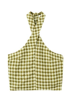 Haut sans manches à col licou avec un motif géométrique vert et blanc, doté d'un col torsadé et d'une coupe courte.
