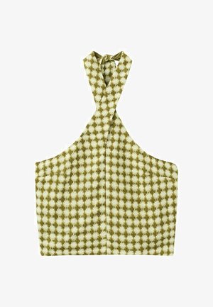 Haut sans manches à col licou avec un motif géométrique vert et blanc, doté d'un col torsadé et d'une coupe courte.