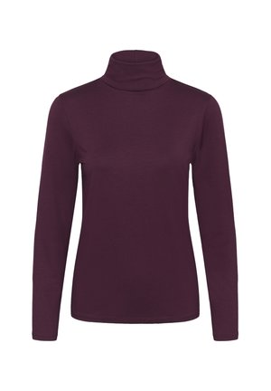 Maglione collo alto bordeaux con maniche lunghe, realizzato in un tessuto morbido ed elasticizzato. Presenta un colletto aderente e una superficie liscia.