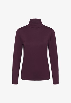 Bordowa bluzka z długim rękawem, z golfem, wykonana z miękkiego, elastycznego materiału. Posiada dopasowany kołnierz i gładką teksturę.