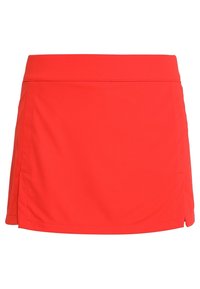 Červená skort z polyesterové směsi má přiléhavý pás, boční kapsy a mírný záhyb pro volnost pohybu. Hladká textura, délka ke kolenům.