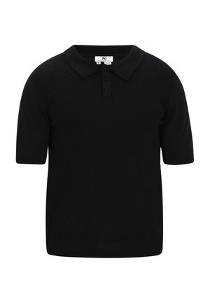 Sort kortærmet polo t-shirt med et struktureret strikmønster, tre-knaps knaplukning og en klassisk krave. Blødt stof med en tætsiddende pasform.