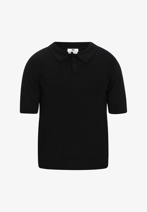 Fekete, rövid ujjú polo póló, texturált kötött mintával, háromgombos záródással és klasszikus gallérral. Puha anyag, szabott fazon.