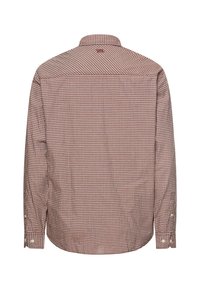 Koszula na długi rękaw zapinana na guziki, w czerwono-biały mały wzór kratki, widziana od tyłu z zapiętymi mankietami i kołnierzykiem.