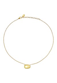 Collier en or avec un pendentif ovale poli. Il présente une chaîne délicate et un fermoir mousqueton. Texture lisse et finition brillante.