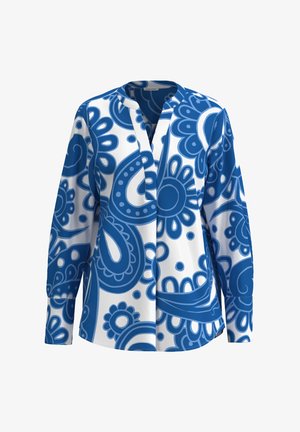 Camicia a maniche lunghe con un motivo paisley blu su sfondo bianco, caratterizzata da un collo a V e una vestibilità rilassata. Tessuto liscio e leggero.
