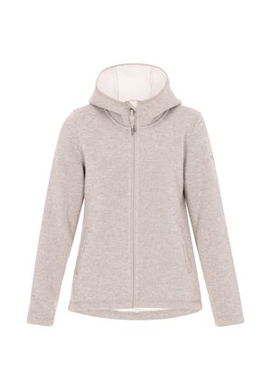 Heledhalli fliisist lukuga jakk, mis on sileda tekstuuriga, pikkade varrukatega ja küljetaskutega. Lihtne disain ilma lisamustriteta.