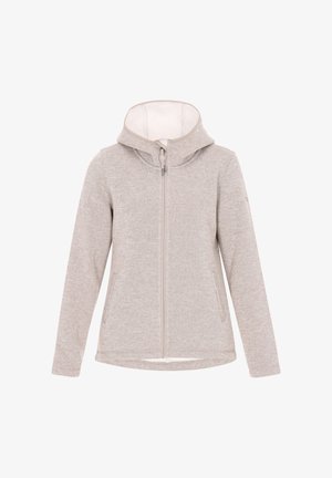 Helles graues Fleece-Jackett mit Reißverschluss und Kapuze, das über eine glatte Textur, lange Ärmel und Seitentaschen verfügt. Einfaches Design ohne zusätzliche Muster.