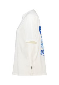 White cotton t-shirt with short sleeves, featuring blue graphic prints on the left sleeve and side. Straight hem and relaxed fit.