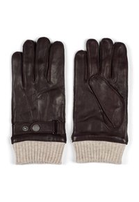 Guantes de cuero marrón con puños de punto crema acanalado, que cuentan con un cierre de botón a presión y un acento adicional de cuero en el pulgar.