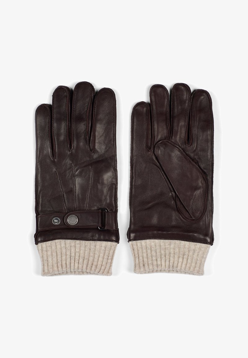 Ruskeat nahkahanskat, joissa on ribbatut vaaleancreme neulekäänteet, snap-napilla suljettavat ja joissa on lisänä nahka-akkentti peukalossa.