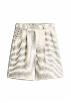 Beige en wit met verticale strepen, knielange shorts met zijzakken, riemlussen en een geplooid ontwerp aan de voorkant.