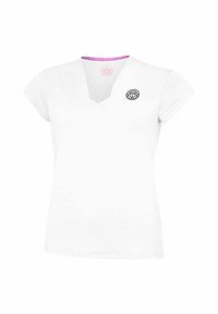Camiseta blanca de mujer con cuello en V, mangas cortas y pequeño logotipo circular negro en el lado izquierdo del pecho.