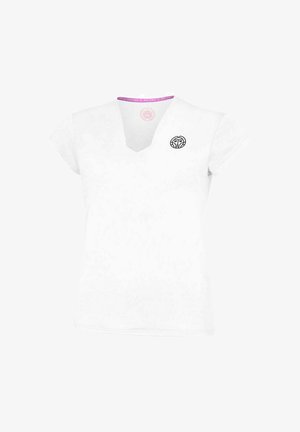 T-shirt blanc pour femmes avec col en V, à manches courtes et petit logo circulaire noir sur la poitrine gauche.