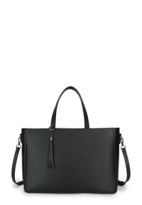 Black leather tote bag with a minimalist design, featuring two handles, a detachable strap, and a tassel detail. Smooth texture.