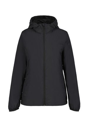 Černá lehká bunda s kapucí, celopropínací zip, elastické manžety a strukturovaný povrch. Jednoduchý design, žádné viditelné logo ani vzory.