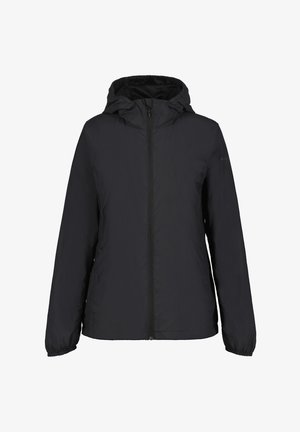 Svart lättviktsjacka med huva, full framdragkedja, elastiska ärmslut och en texturerad yta. Enkel design, inga synliga logotyper eller mönster.