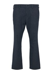 Pantalons en coton bleu marine pour homme avec une coupe droite, dotés d'une fermeture à bouton, de passants de ceinture et de deux poches latérales.