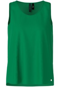 Green sleeveless top with a rounded neckline, smooth texture, and a small logo detail at the hem. Made from lightweight, breathable fabric.