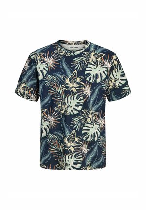 Tengerészkék rövid ujjú póló trópusi virágmintával, bézs, zöld és narancssárga levelekkel és virágokkal.