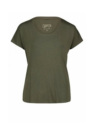 Damska koszulka z krótkim rękawem w kolorze oliwkowej zieleni, z okrągłym dekoltem, w rozmiarze średnim, o prostym wzorze i lekkim materiale.