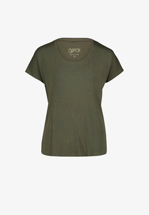 Olivgrünes Damen-T-Shirt mit kurzen Ärmeln, Rundhalsausschnitt, mittlerer Größe, schlichtem Design und leichtem Stoff.