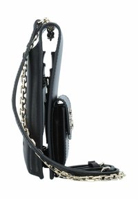 Black leather handbag with a textured finish, featuring a silver chain strap, a zip closure, and multiple inner compartments.