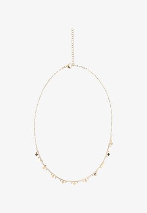 Feine Goldkette mit kleinen quadratischen und runden Anhängern, die gleichmäßig entlang der unteren Hälfte verteilt sind, mit verstellbarem Verschluss und Verlängerungskette.