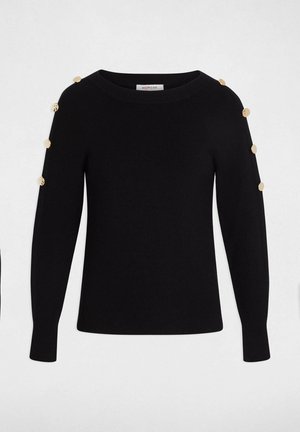 Maglione nero lavorato a maglia con maniche lunghe, scollo ampio e bottoni decorativi dorati sulle spalle. Texture liscia, design aderente.