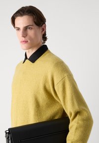 Gul ullgenser med rund hals, kombinert med en svart skjorte med krage. Modellen holder en stilren, svart lærportefølje.