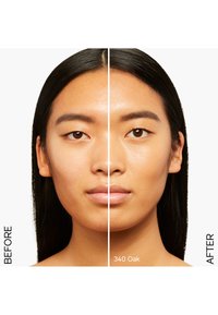 Før og etter sammenligning av huden i ansiktet. Venstre side viser ujevn tekstur, mens høyre side ser glattere og mer strålende ut.