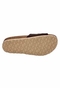 Brown slide sandal with a textured cork footbed and a flexible, rubber sole featuring a circular pattern for improved traction.