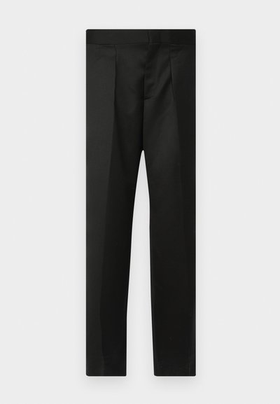 Pantaloni neri realizzati in un tessuto morbido, design su misura, gambe dritte e una vita piatta senza chiusure o tasche visibili.