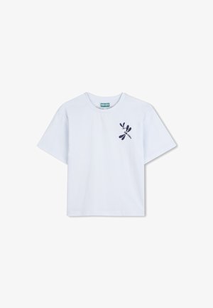 T-shirt blanc à manches courtes en coton, présentant un motif graphique bleu marine avec des formes de gouttes d'eau et le texte "KENZO" sur la poitrine.
