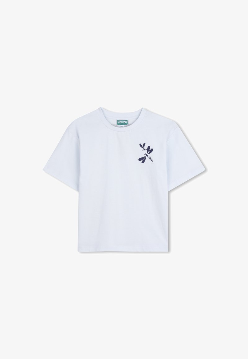 T-shirt blanc à manches courtes en coton, présentant un motif graphique bleu marine avec des formes de gouttes d'eau et le texte "KENZO" sur la poitrine.