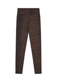 Leggings marroni con motivo leopardato e dettagli scuri, realizzati in un tessuto elastico con una fascia in vita ampia e senza cuciture.