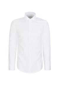 Chemise blanche à manches longues avec des boutons sur le devant et un col pointu, présentée sur un fond blanc uni.