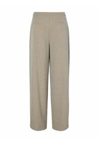 Pantaloni beige a gamba larga realizzati in tessuto strutturato, con tasche laterali e vestibilità comoda, dotati di cinturino liscio e dettagli di cuciture sottili.