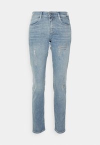 Jeans in denim azzurro chiaro con una vestibilità a gamba dritta, caratterizzati da dettagli strappati, design a cinque tasche e chiusura con bottone in vita.