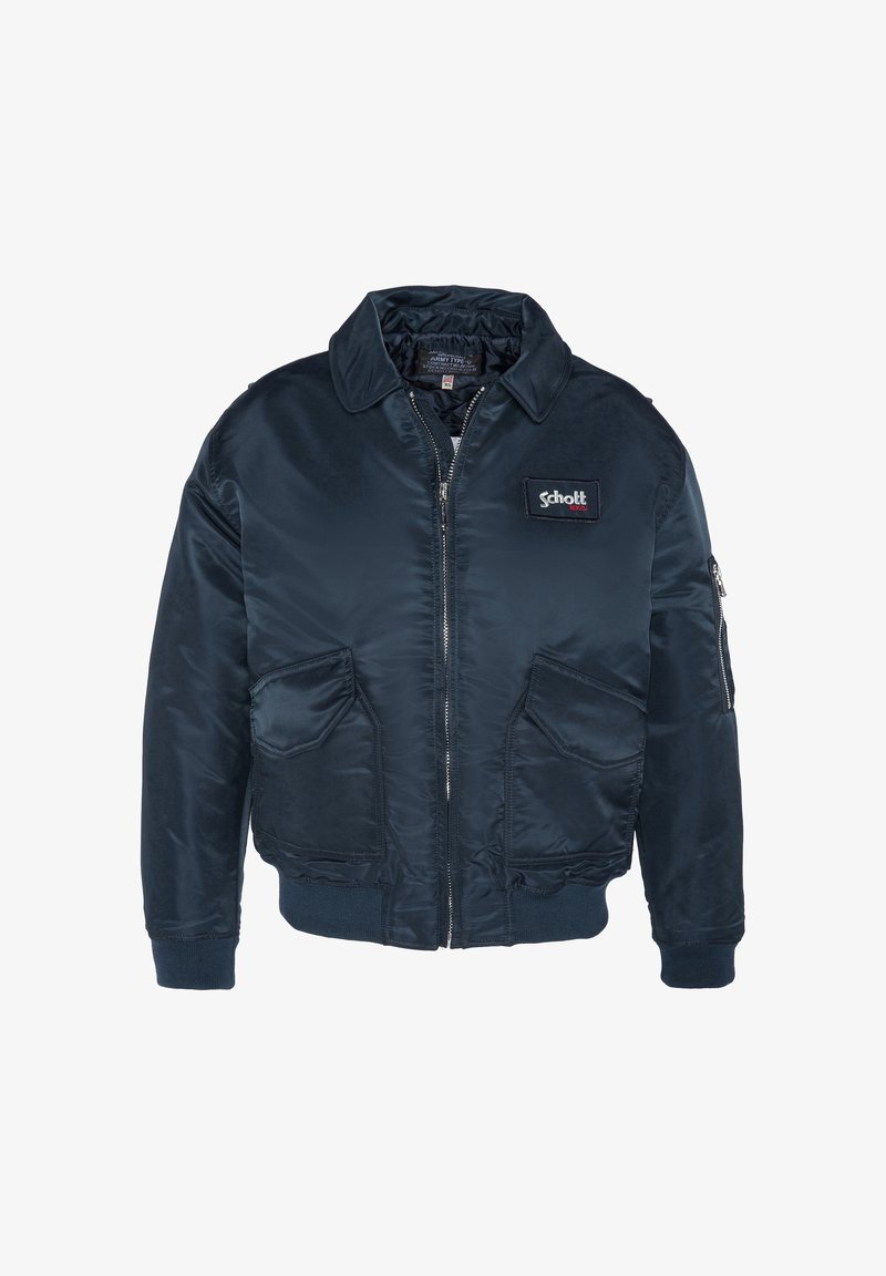 Námorně modrá saténová bomber bunda se zipem vpředu, špičatým límcem, dvěma předními kapsami a kapsou na zip na rukávu. Obsahuje detail s logem.