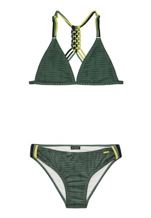 Vihreä kuvioitu bikinit, joissa on kolmion muotoinen yläosa, letitetty selkä ja säädettävät olkaimet sekä vastaavat matalavyötäröiset bikinit, joissa on koristeita.