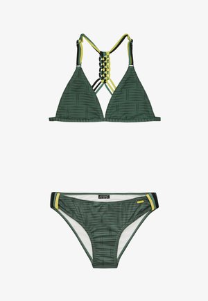 Bikini set s uzorkom u zelenoj boji koji se sastoji od trokutastog topa s pletenim leđima i podesivim naramenicama, te odgovarajućih donjih dijelova bikinija niskog struka s naglascima.