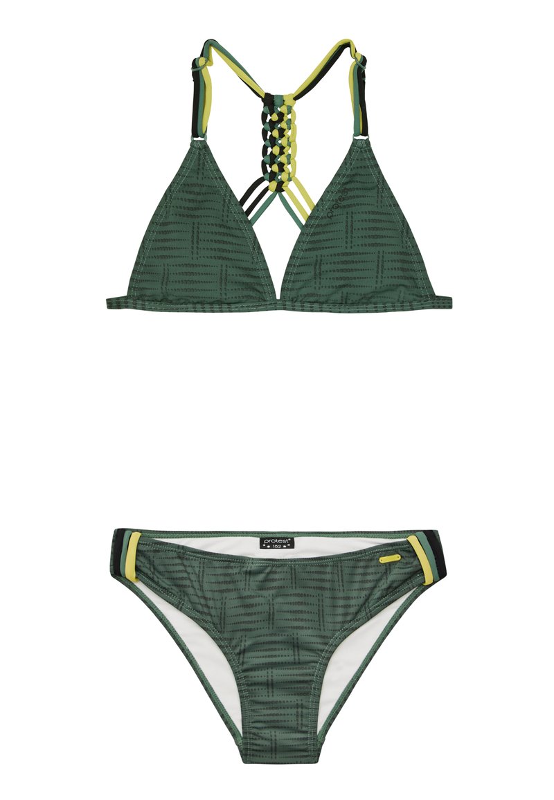 Set di bikini verde a fantasia con top triangolare con schiena intrecciata e spalline regolabili, e coordinati bikini a vita bassa con dettagli.