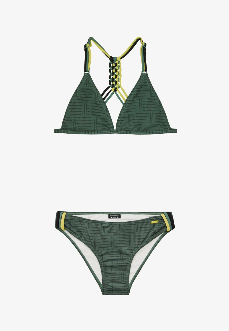 Zielony kostium kąpielowy w wzory, składający się z trójkątnego biustonosza z plecami oplecionymi warkoczem i regulowanymi ramiączkami oraz dopasowanych majtek bikini o niskim stanie z akcentami.