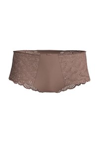 Mutande hipster in pizzo marrone con pannello centrale solido, bordi scallopati e un piccolo fiocco decorativo in vita.