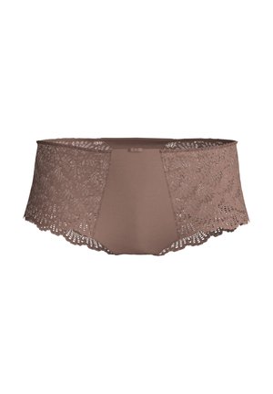 Bruine kanten hipsteronderbroek met een stevige middenstuk, golvende randen en een klein strikje op de tailleband.